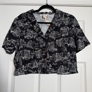 Black & White City Graphic Button Up Crop Top Vacation Street wear Summer